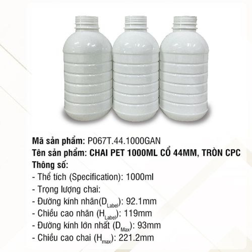 Chai Pet 1000ml Cổ 44mm, Tròn CPC