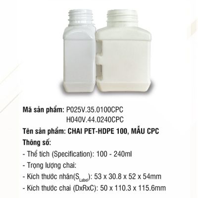 Chai Pet HDPE 100, Mẫu CPC