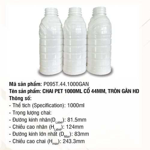 Chai Pet 1000ml Cổ 44mm, Tròn Gân HD