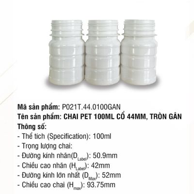 Chai Pet 100ml Cổ 44mm Tròn Gân