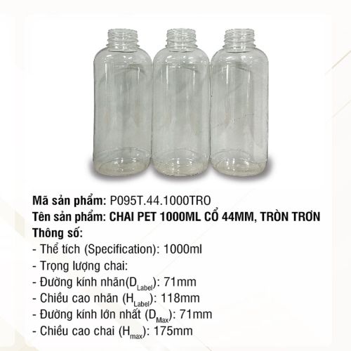 Chai Pet 1000ml Cổ 44mm, Tròn Trơn