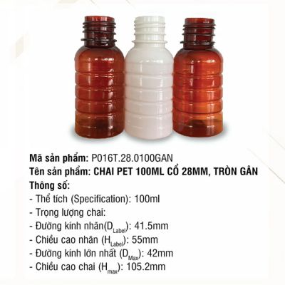 Chai Pet 100ml Cổ 28mm Tròn Gân - P016T-28-0100-GAN