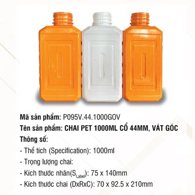 Chai Pet 1000ml Cổ 44mm, Vát Góc