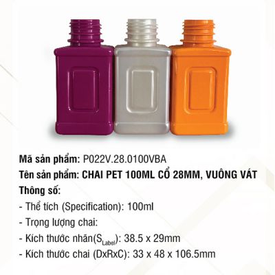 Chai Pet 100ml Cổ 28mm, Vuông Vát