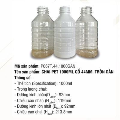 Chai Pet 1000ml Cổ 44mm, Tròn Gân