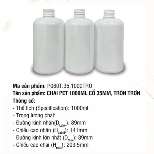 Chai Pet 1000ml Cổ 35mm, Tròn Trơn