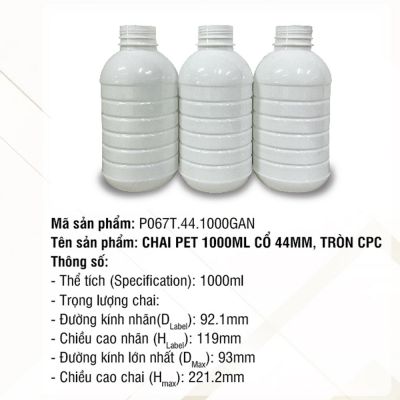 Chai Pet 1000ml Cổ 44mm, Tròn CPC