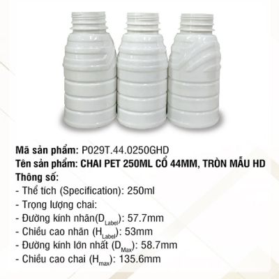 Chai Pet 250ml Cổ 44mm Tròn Mẫu HD