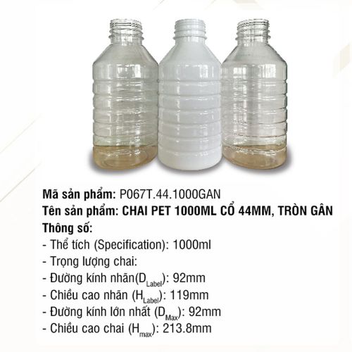 Chai Pet 1000ml Cổ 44mm, Tròn Gân