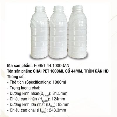 Chai Pet 1000ml Cổ 44mm, Tròn Gân HD