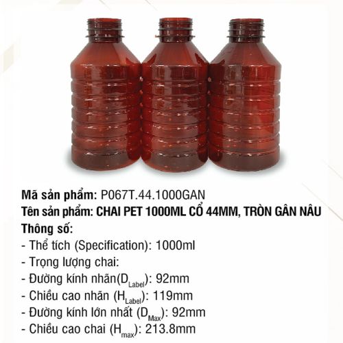 Chai Pet 1000ml Cổ 44mm, Tròn Gân Nâu