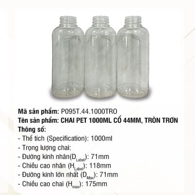 Chai Pet 1000ml Cổ 44mm, Tròn Trơn