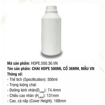 Chai HDPE 500ml Cổ 36mm, Mẫu VN